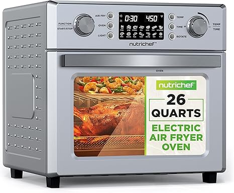 NutriChef 26L Electric Air Fryer Oven | 1700W Countertop Rotisserie & Air Fryer | 360° Rotating Feature | 10 Menu Presets | Includes Drip Tray, Air Frying Basket & Bake Rack 15x16x14 | Stainless Steel