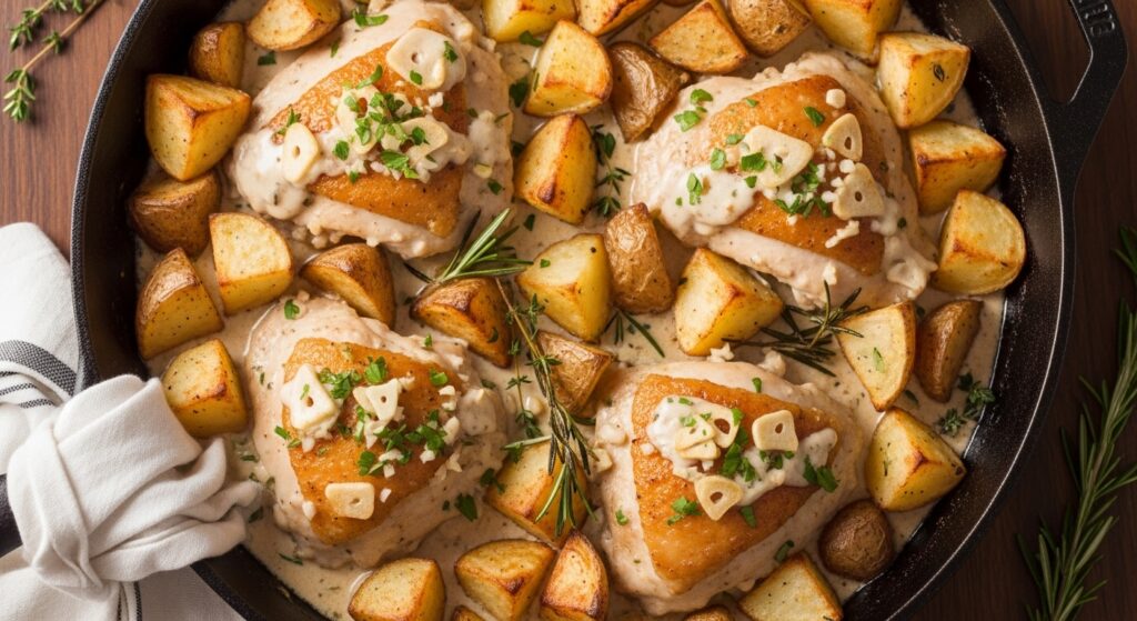 Pollo con Ajo Cremoso y Patatas Crispy: La Cena de Una Sola Sartén que Debes Probar