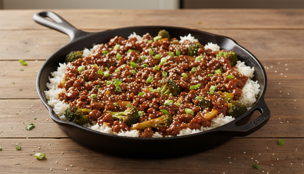 Easy Teriyaki Ground Beef Skillet with Broccoli and Rice
