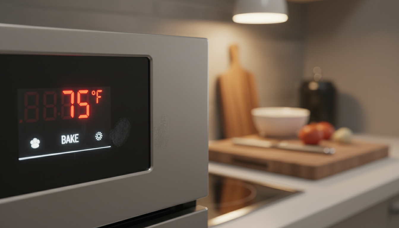 Oven display showing 375 degrees Fahrenheit