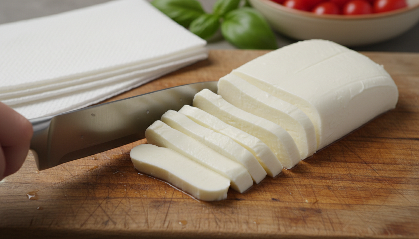 Cutting mozzarella block into strips