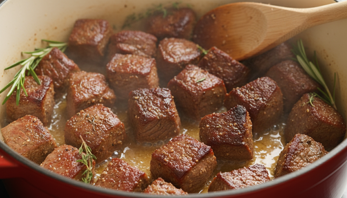 Browning beef cubes in a Dutch oven