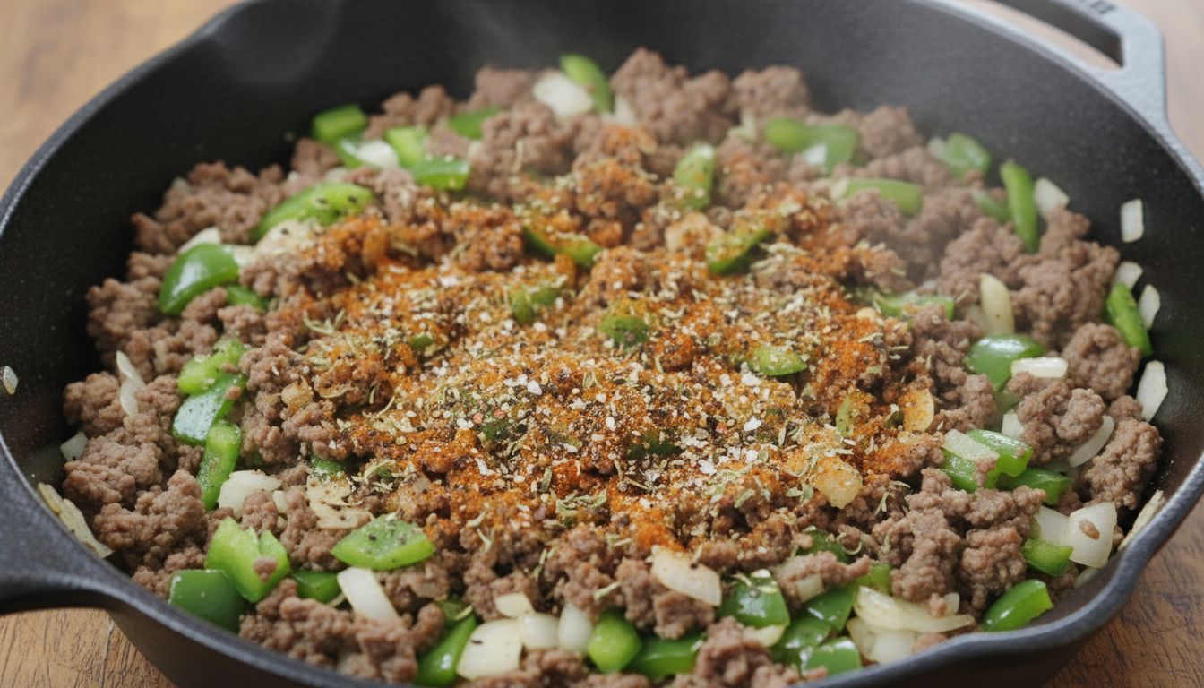 Ground beef cooking with onions and peppers