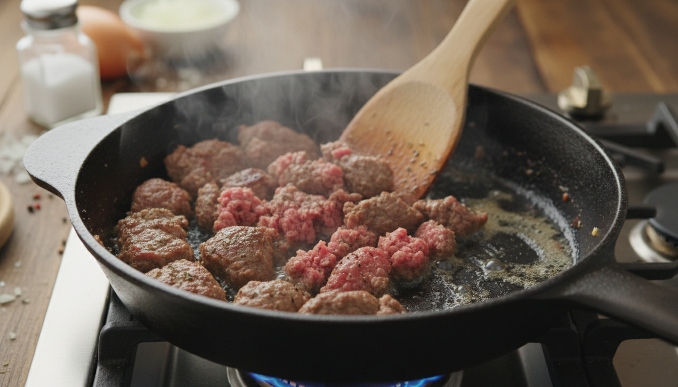 Cooking and crumbling ground beef in a skillet