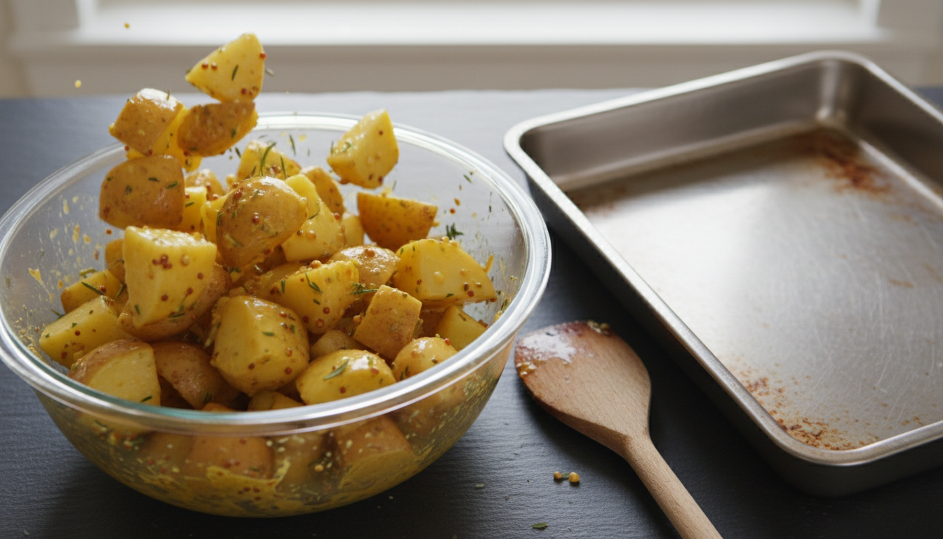 Coating potatoes in mustard and orange marinade