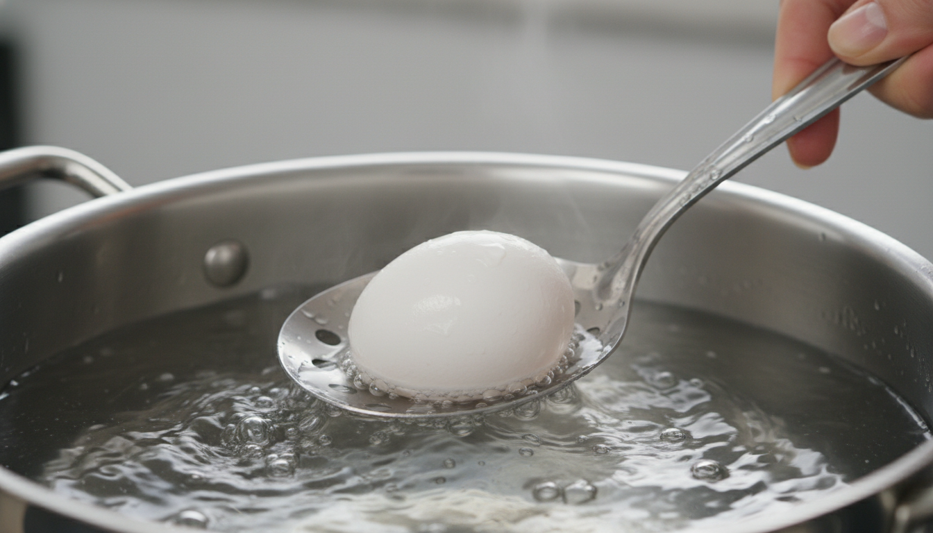 Lowering eggs into boiling water