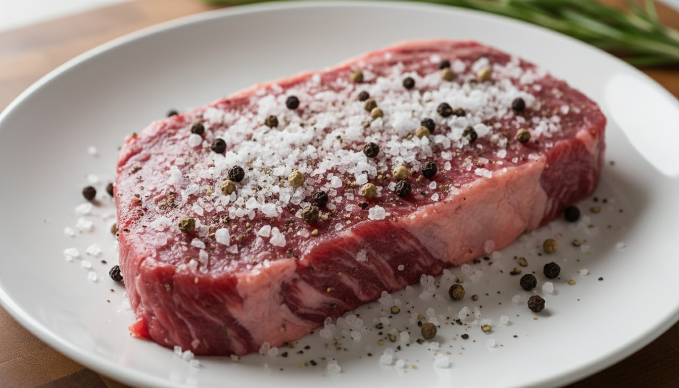 Seasoning raw steak with salt and pepper