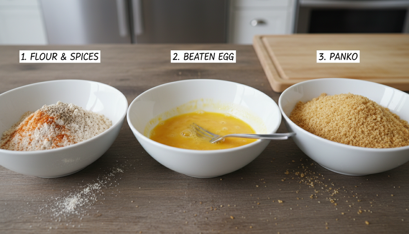 Breading station setup with flour, egg, and panko