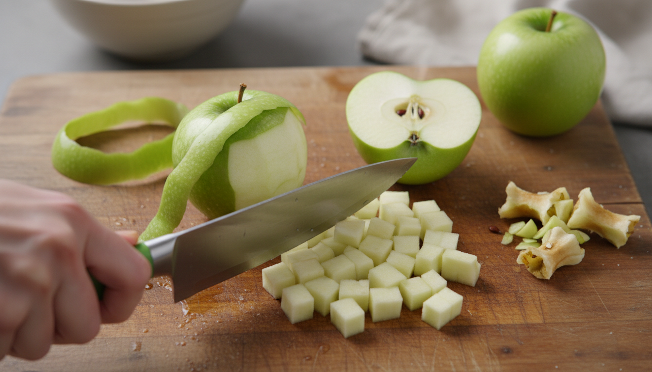 Peeling and cubing green Granny Smith apples