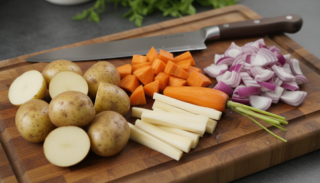 Chopped raw vegetables on a cutting board including carrots, parsnips, and potatoes