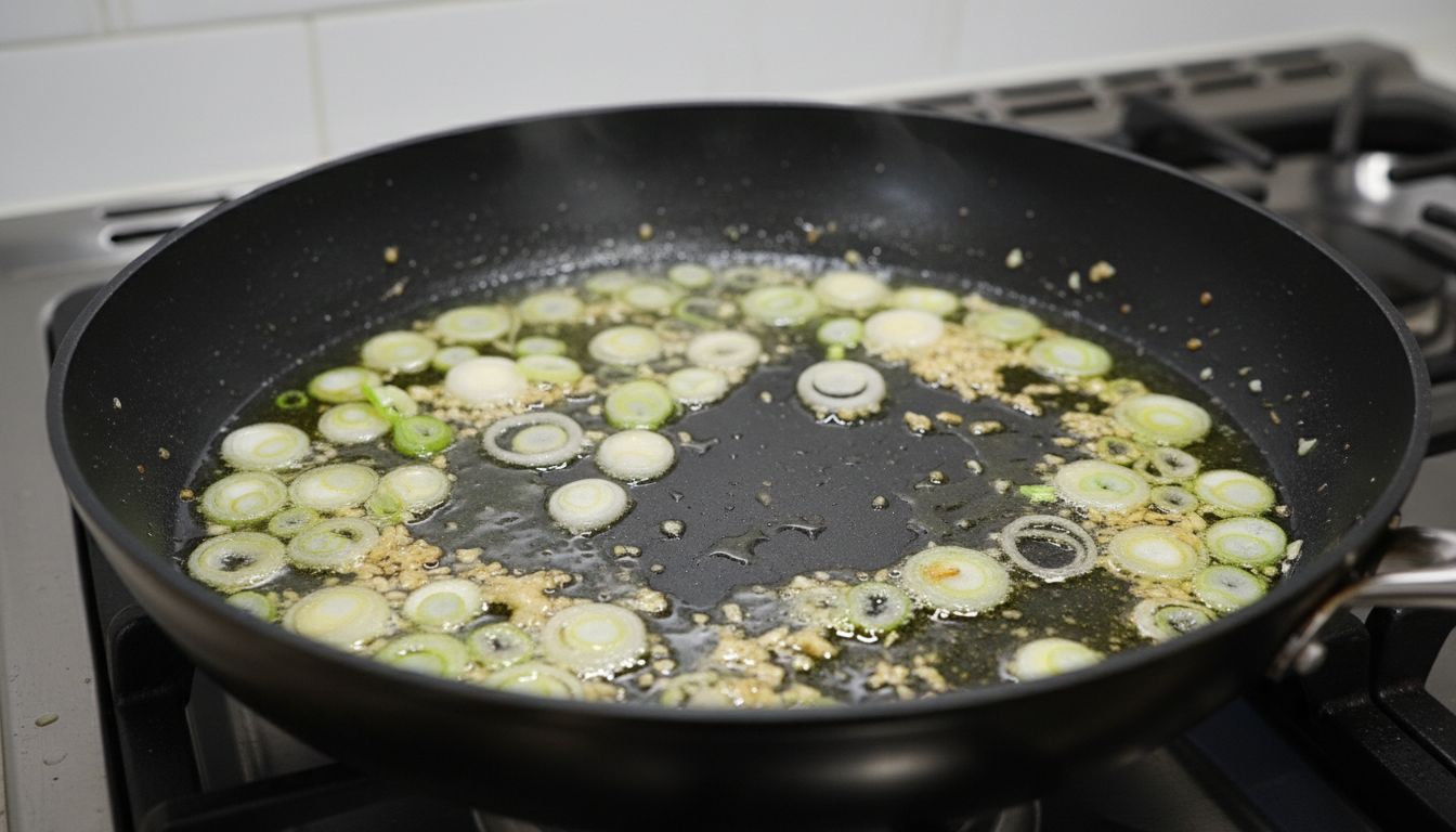 Faire revenir les oignons verts et l'ail dans une poêle