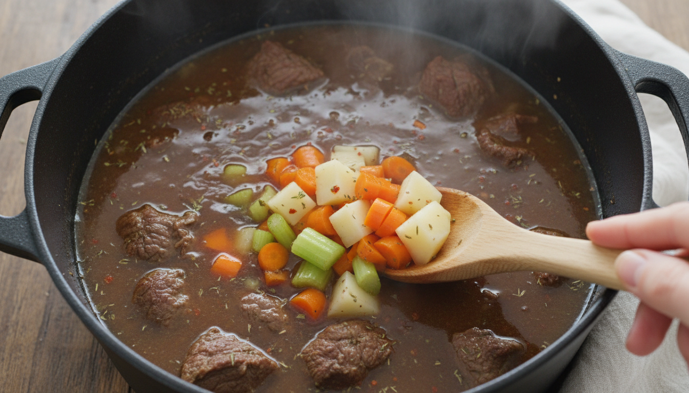 Adding vegetables and broth to the beef stew
