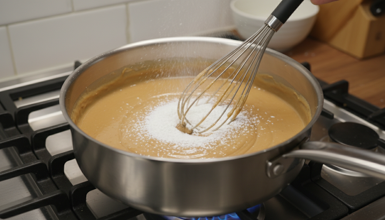 Mixing peanut butter filling in a saucepan