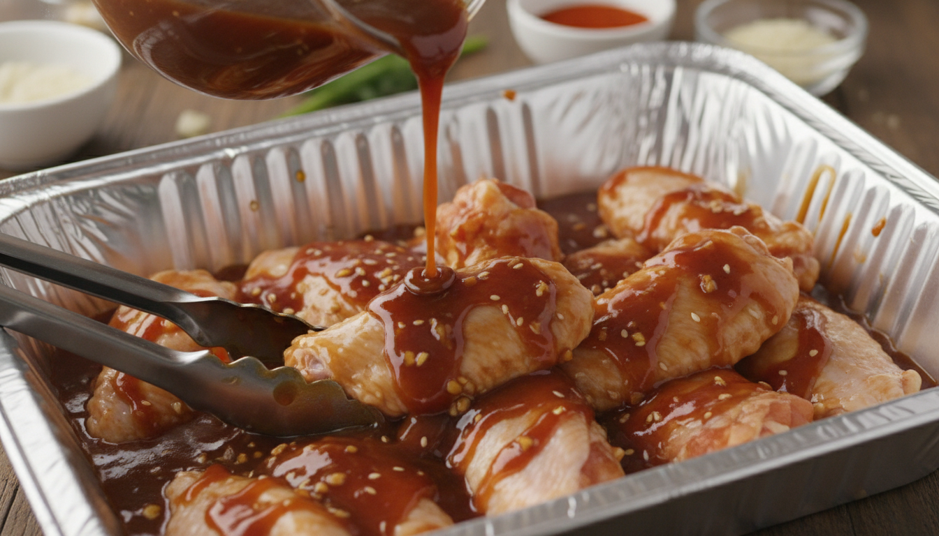 Tossing wings in BBQ and teriyaki sauce