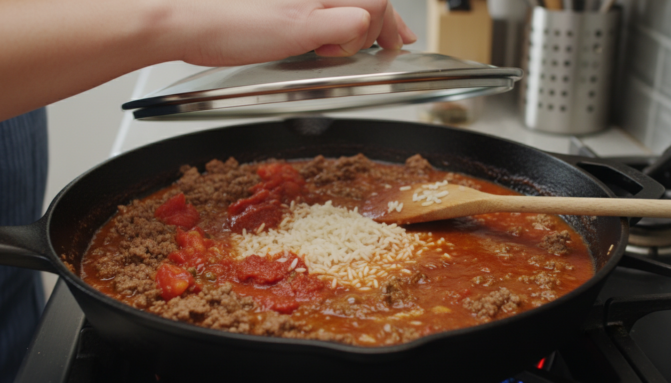 Adding broth and rice to the skillet