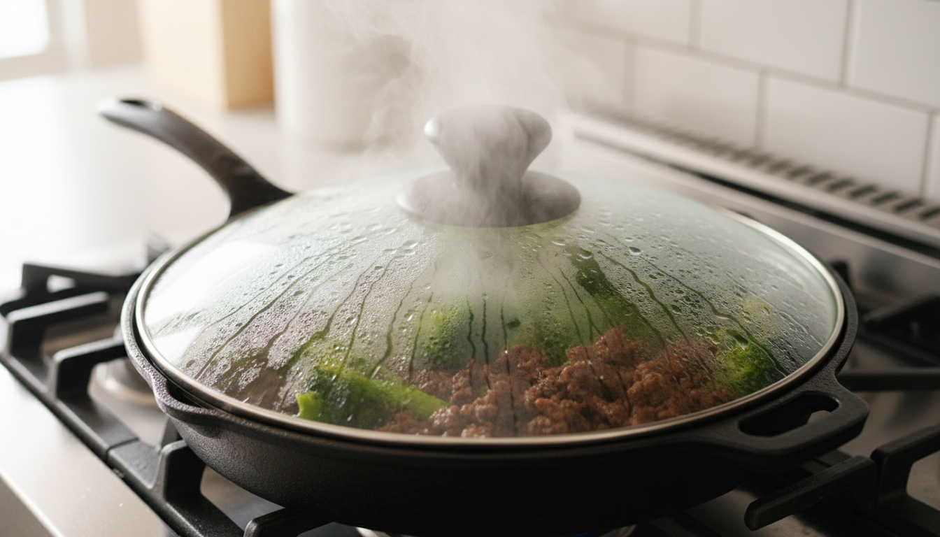Steaming broccoli with ground beef in a skillet