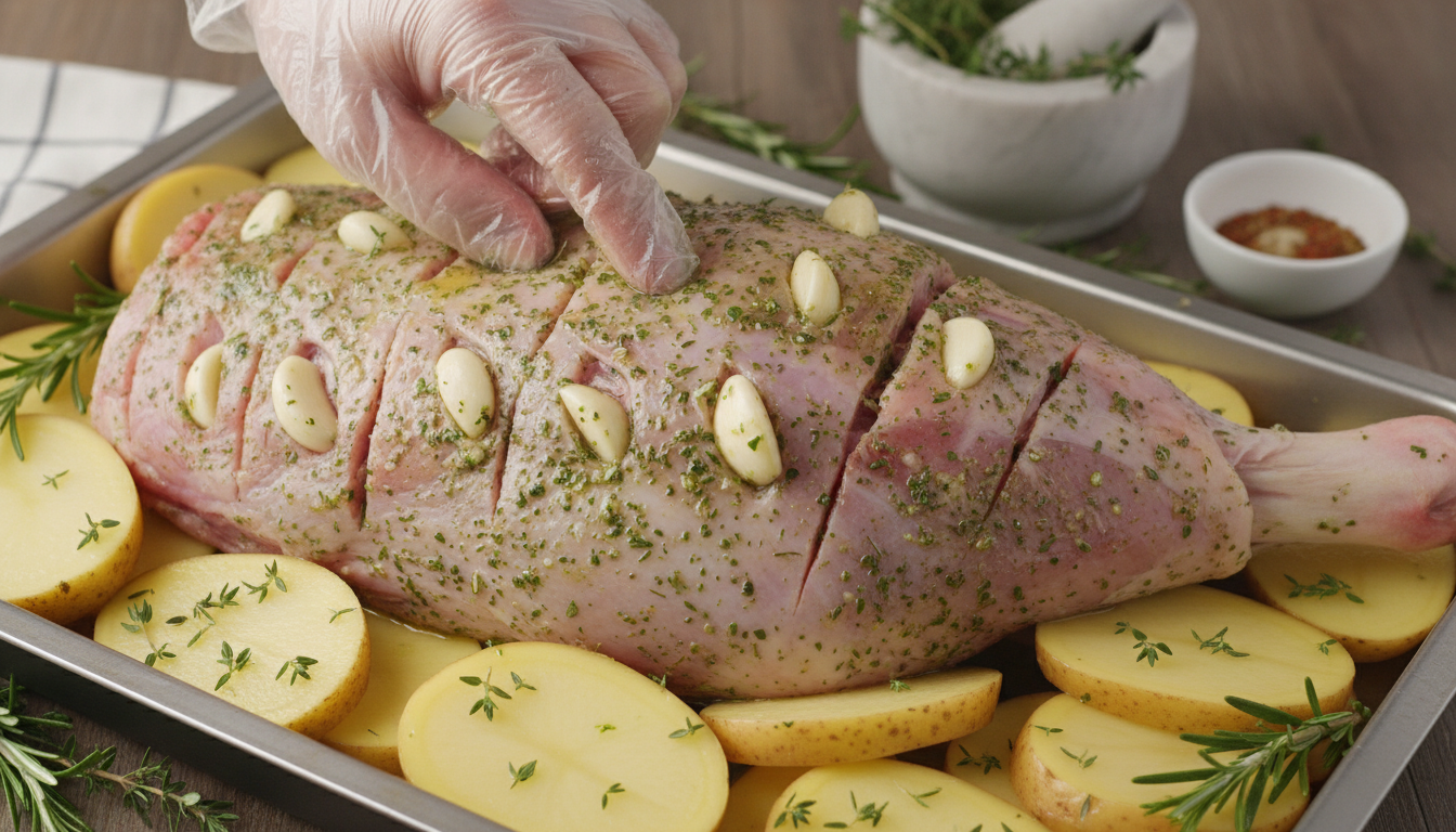 Preparing the leg of lamb with garlic and marinade