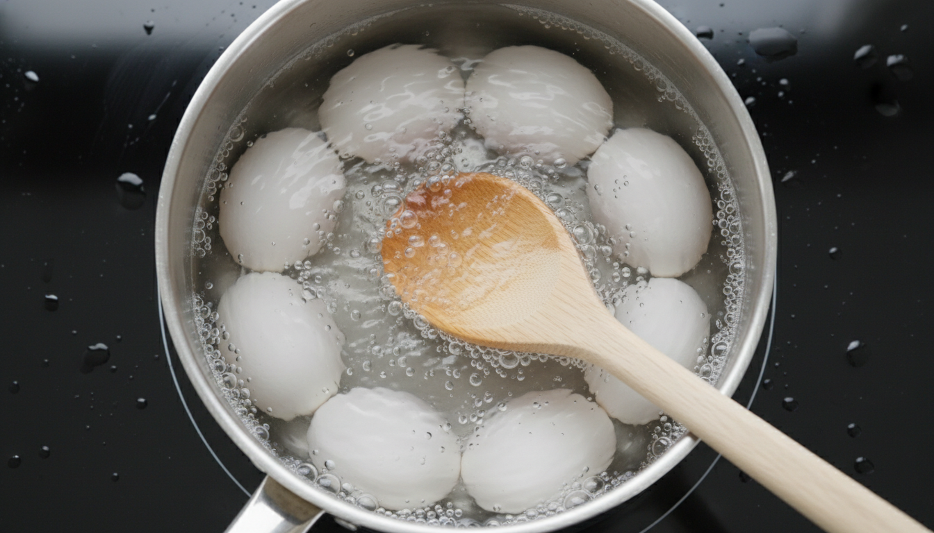 Stirring boiling eggs