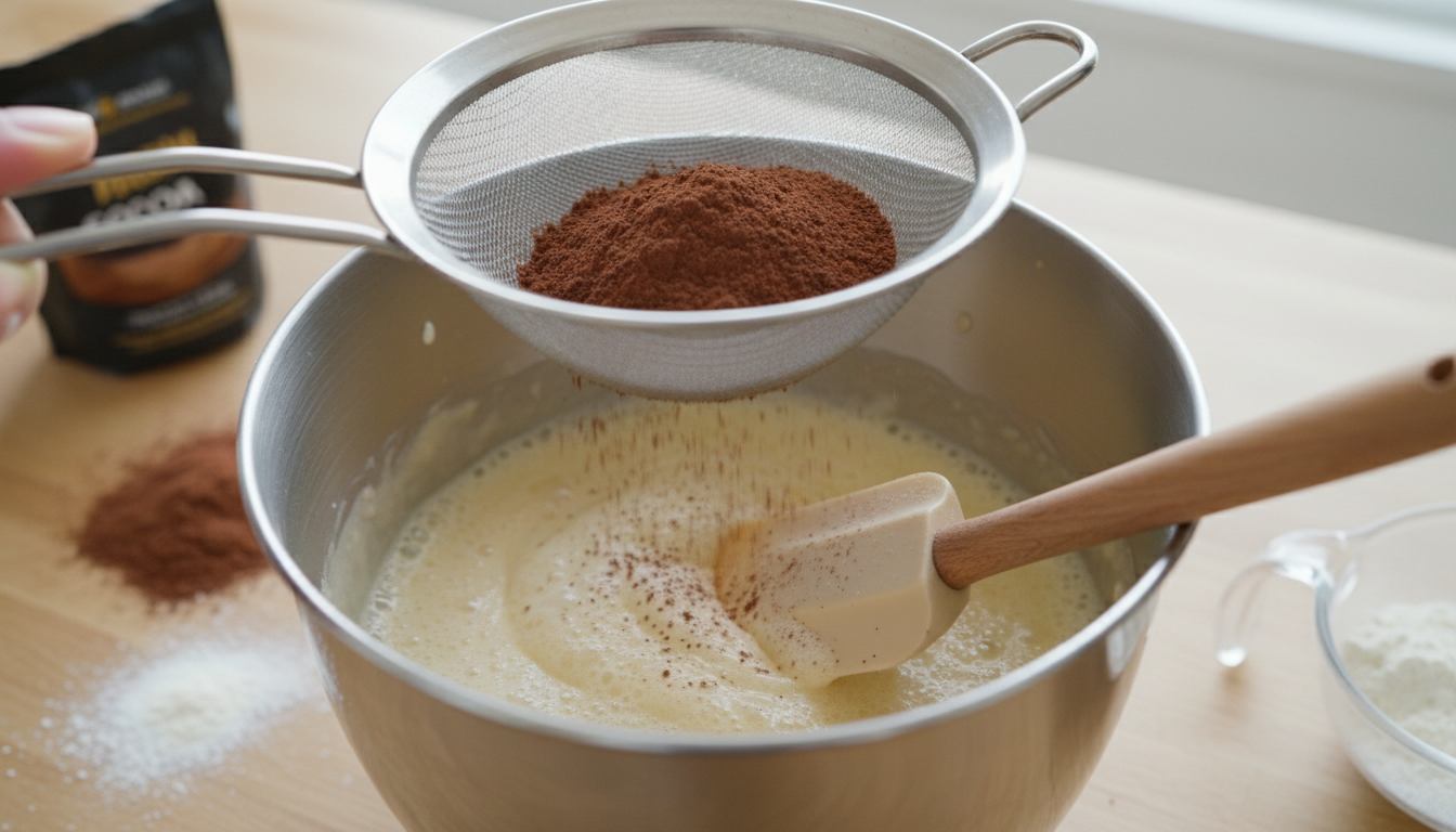 Sifting cocoa and flour into egg mixture