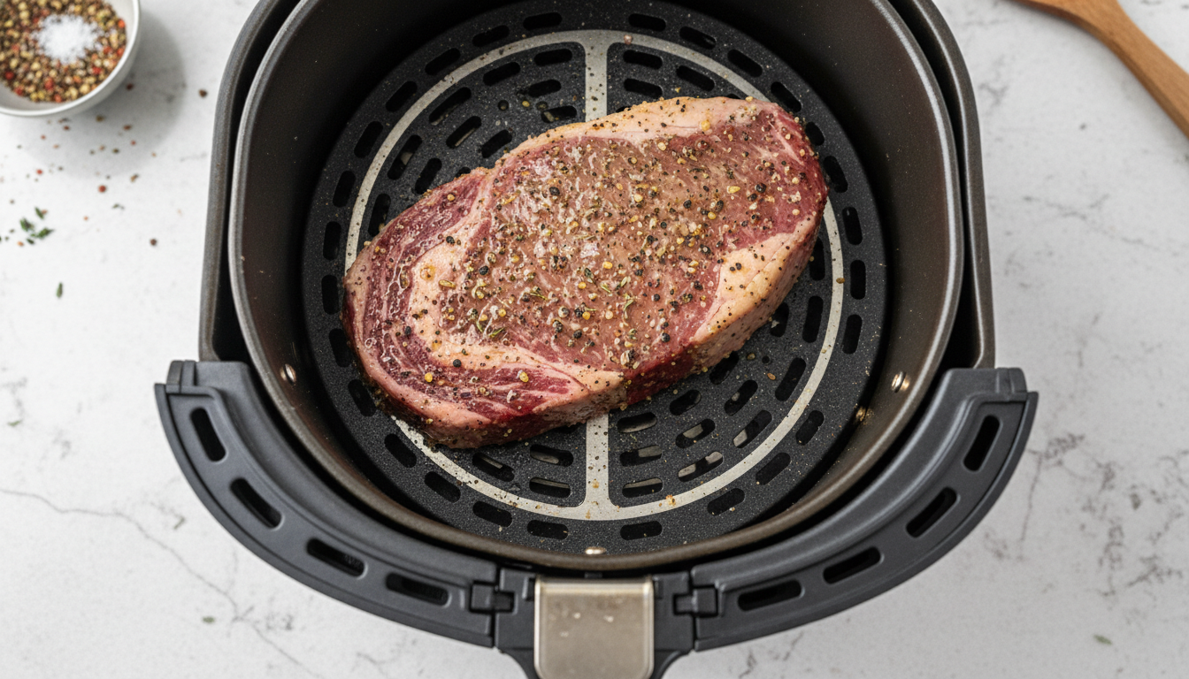 Raw seasoned steak inside air fryer basket