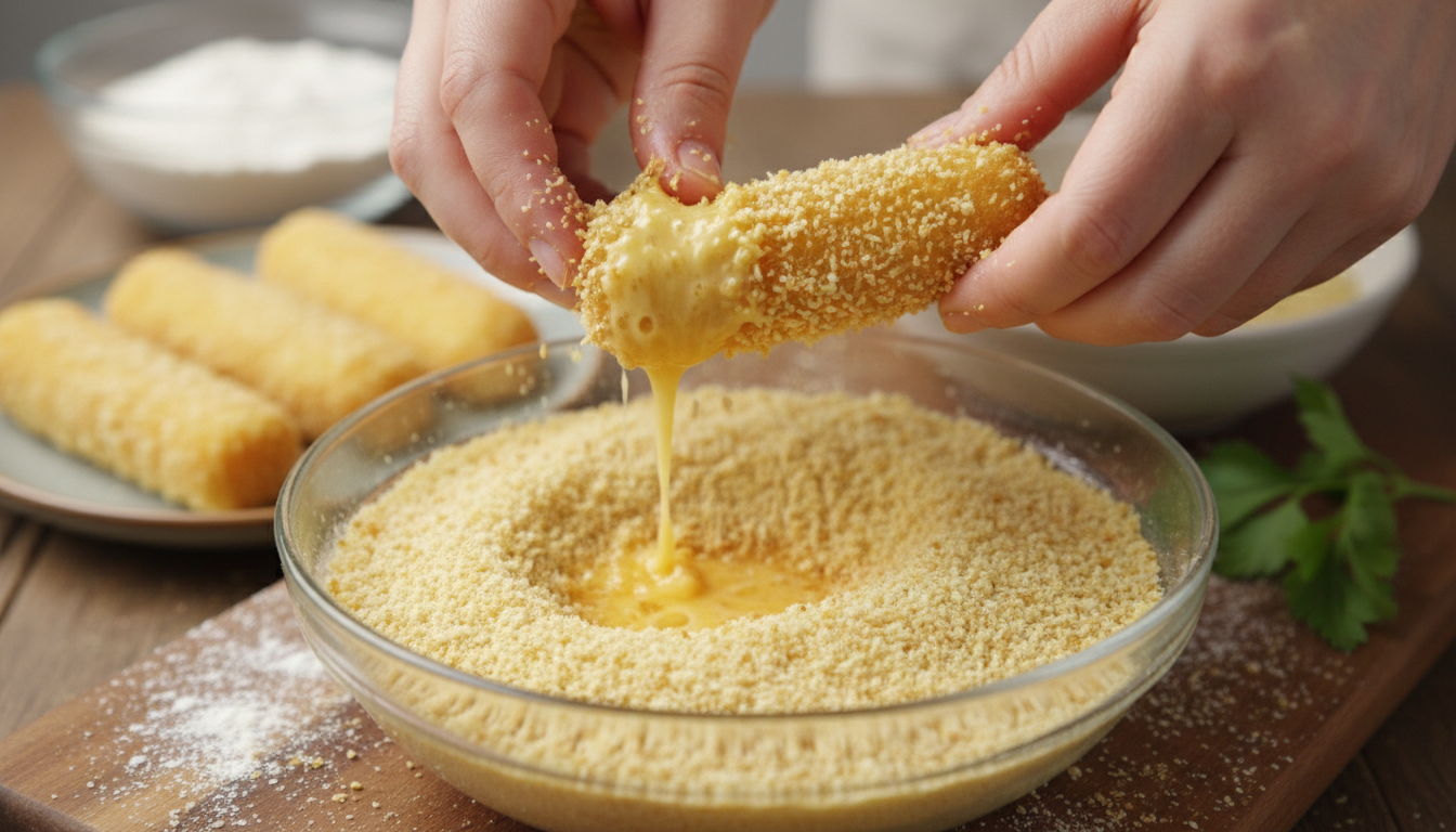 Double coating mozzarella sticks in egg and breadcrumbs