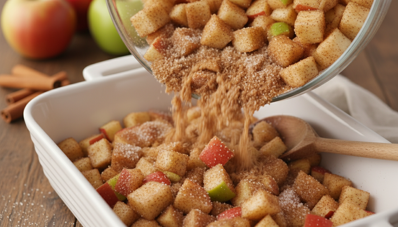 Tossing apples with sugar and cinnamon in a bowl