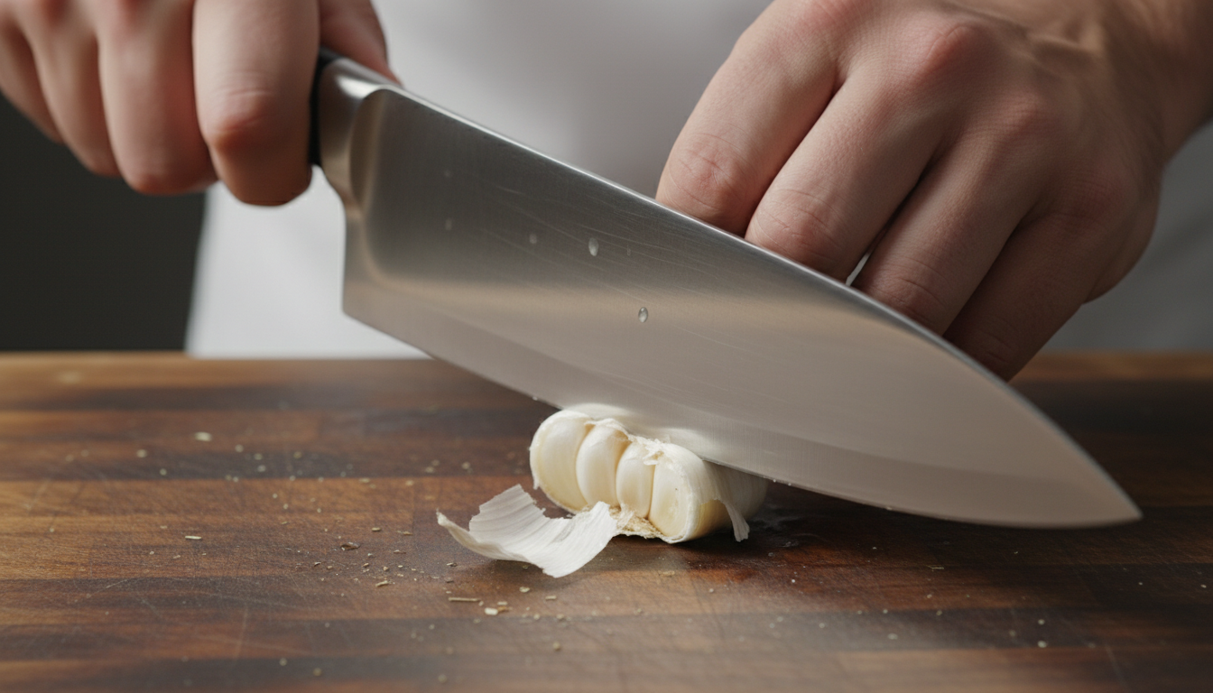 Smashing a garlic clove with the flat side of a knife