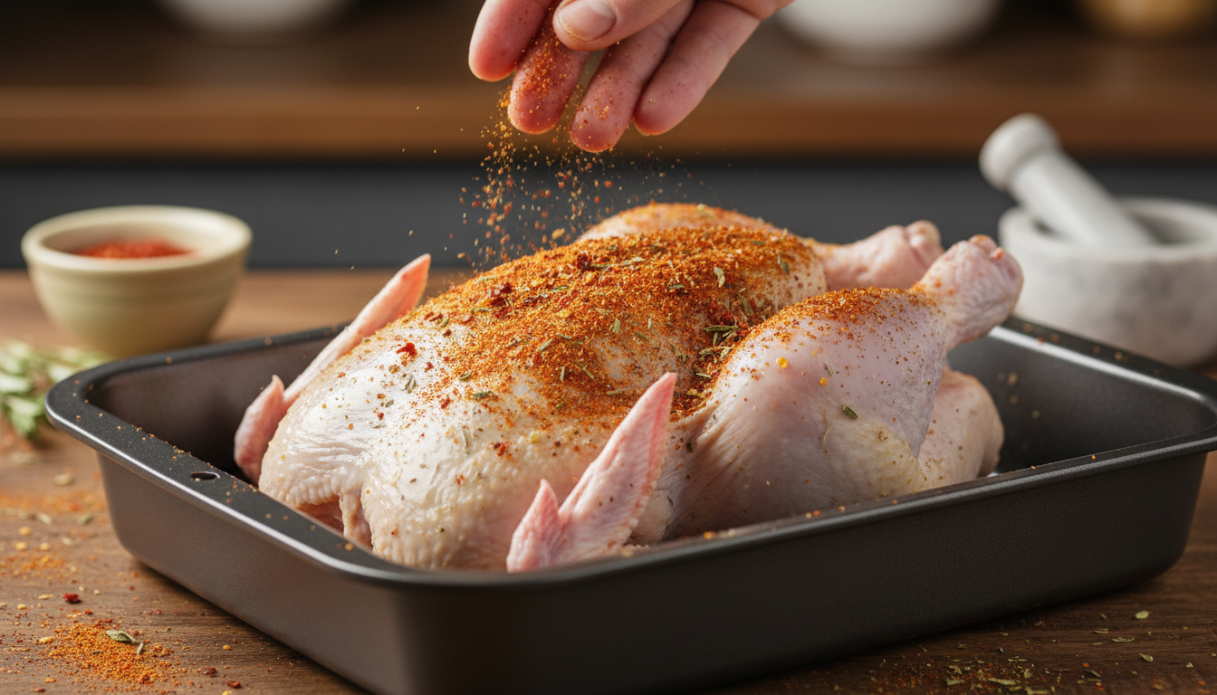 Seasoning the chicken with spice rub