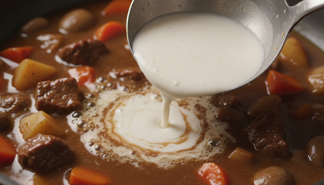 Thickening the beef stew with cornstarch slurry