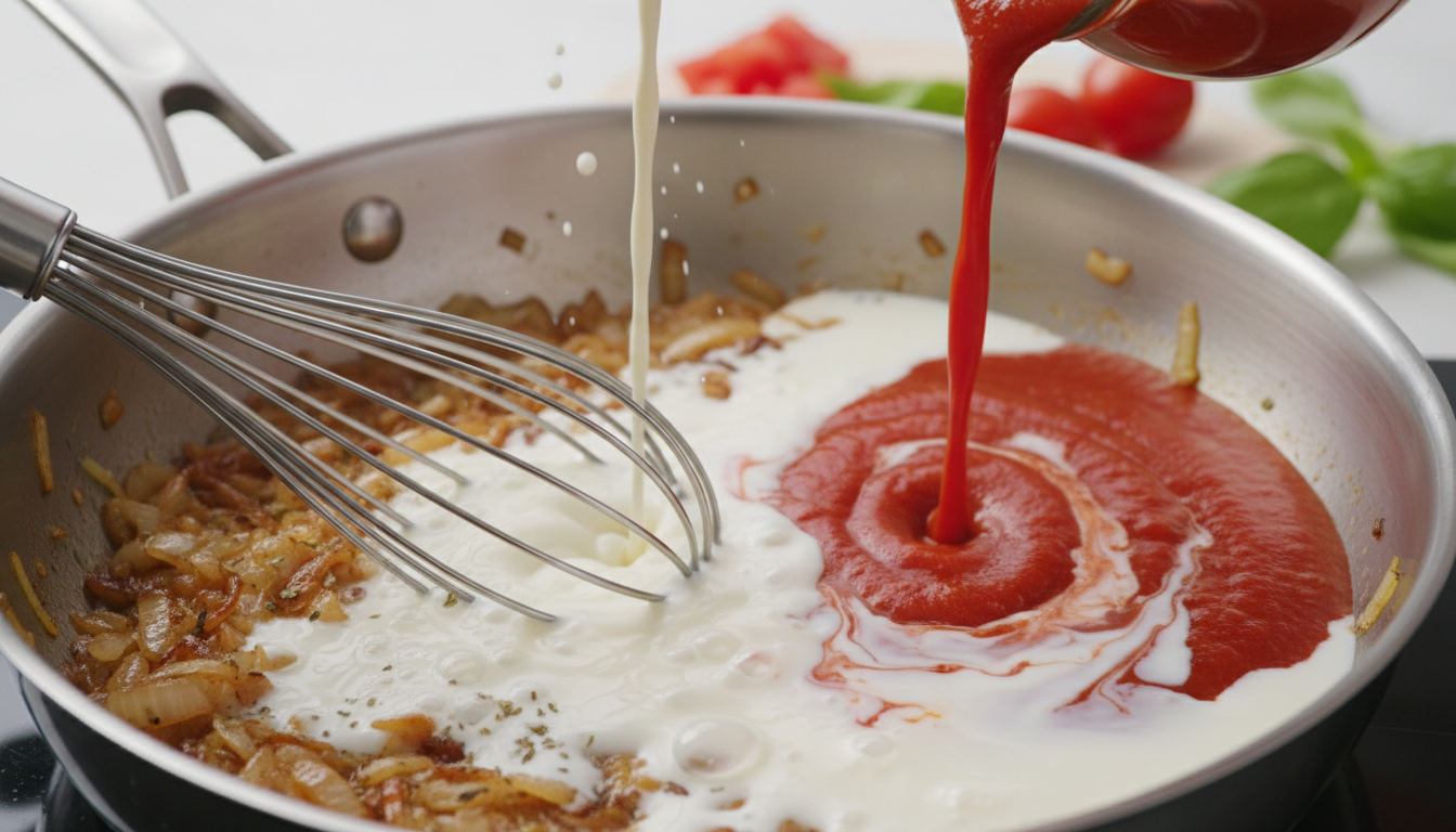 Whisking milk and tomato passata into the skillet