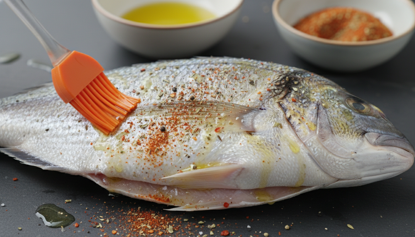 Brushing fish with olive oil