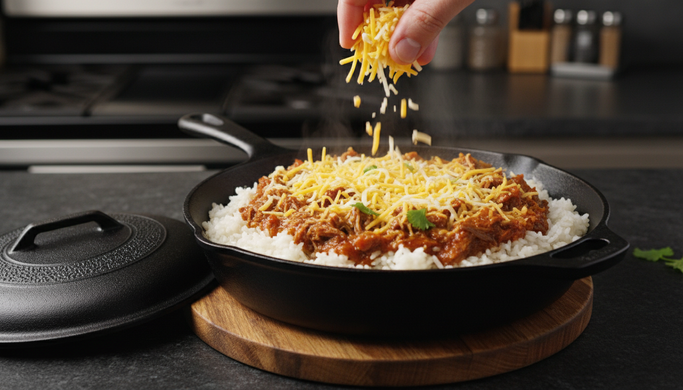 Melting cheese over the beef and rice