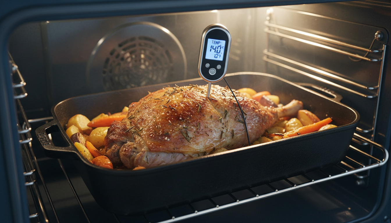 Roasting lamb in the oven with thermometer