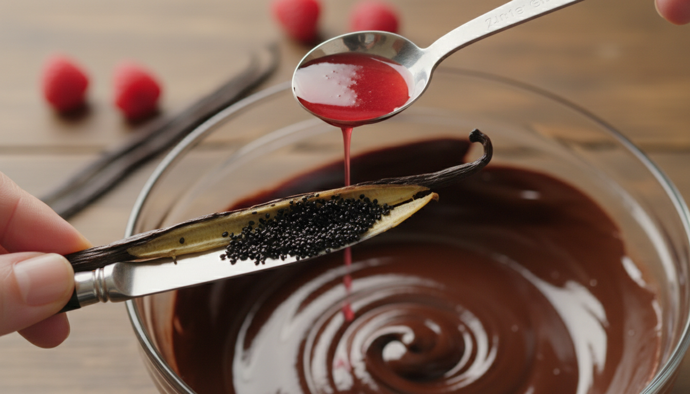 Adding vanilla bean seeds and raspberry extract