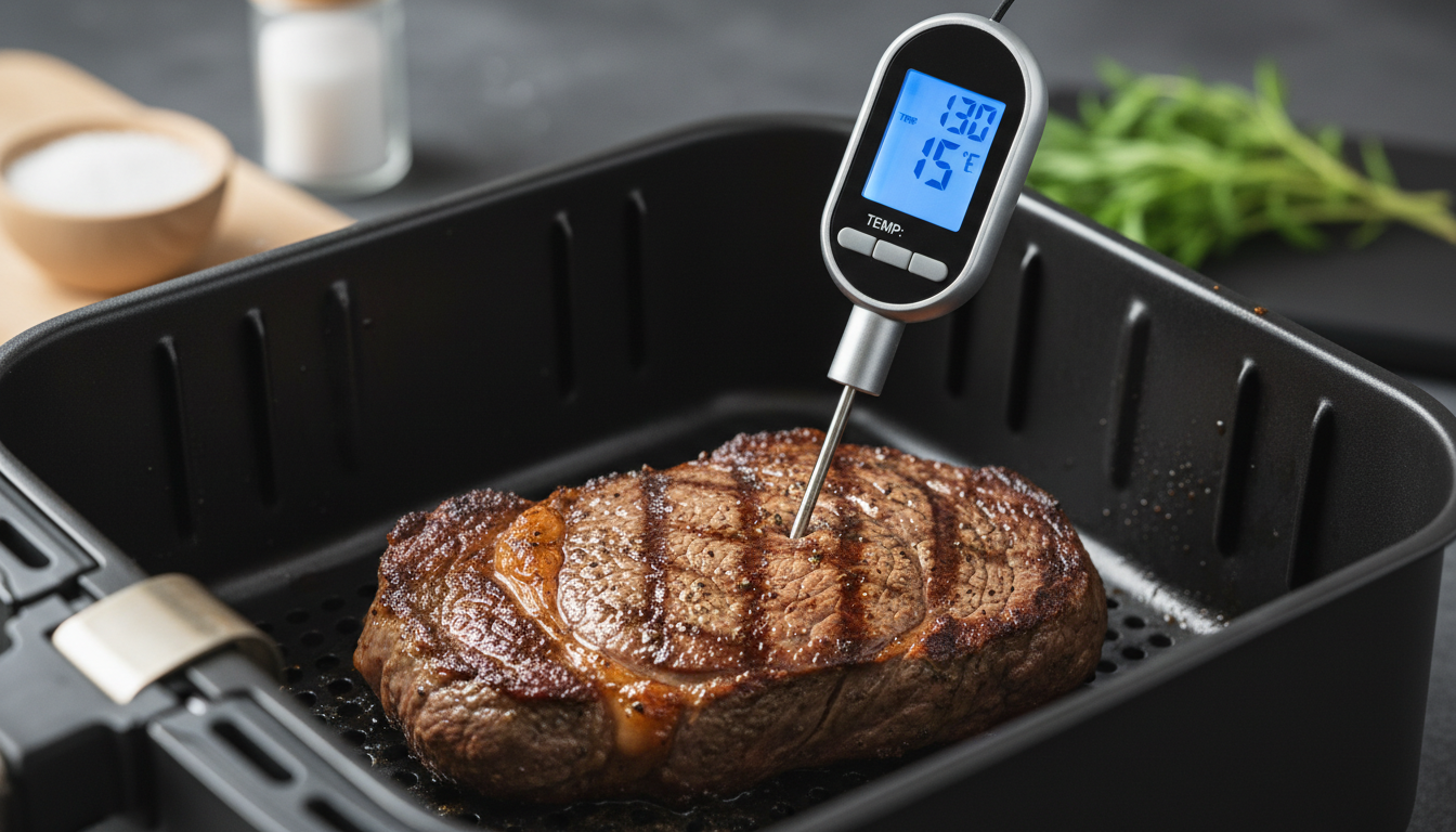 Checking steak temperature with meat thermometer