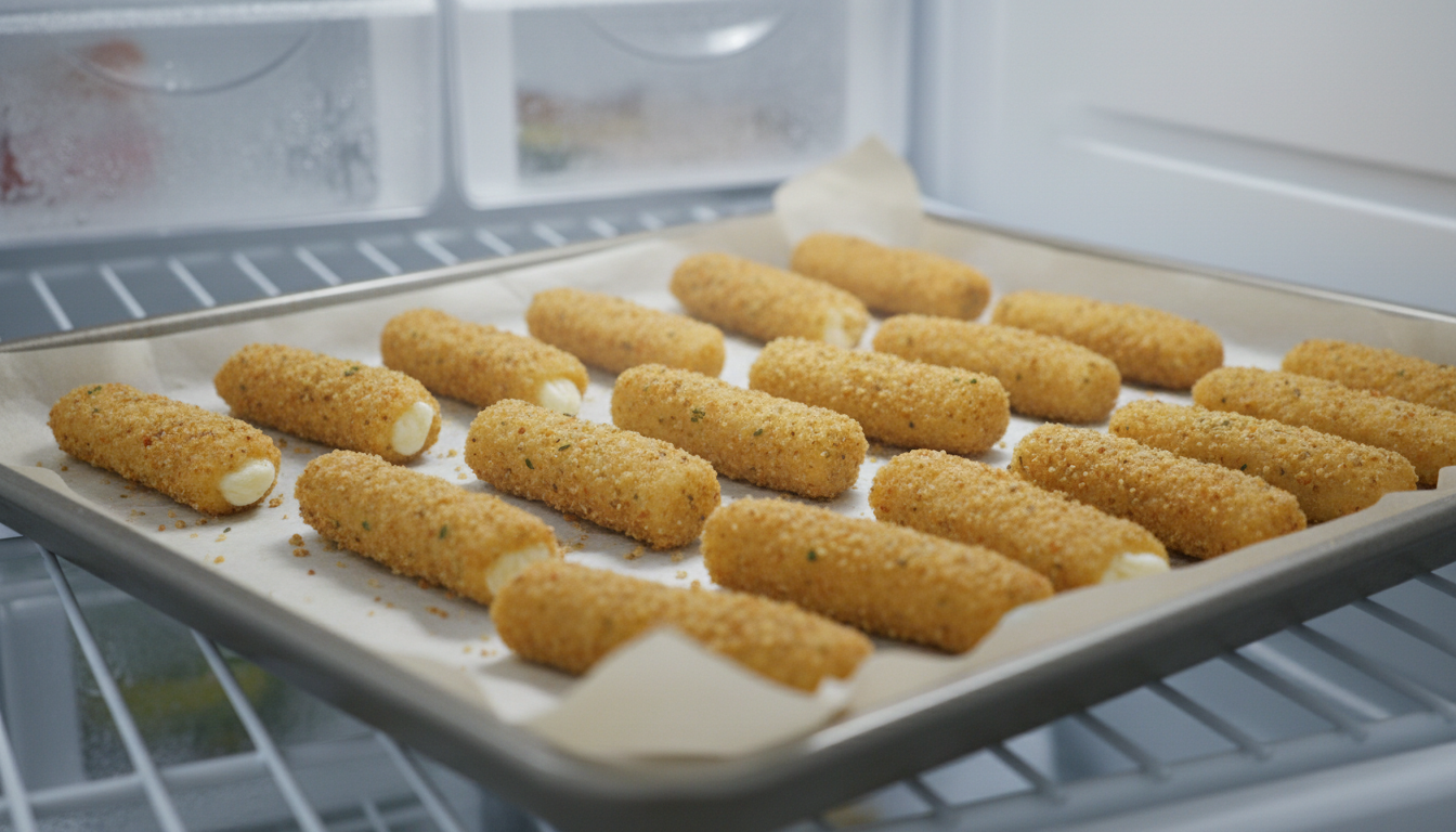 Breaded mozzarella sticks freezing on a tray
