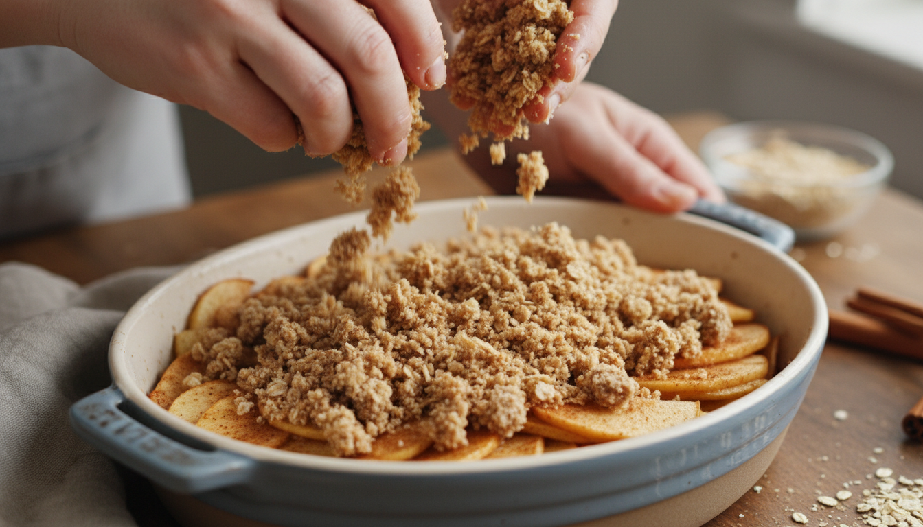 Mixing the oat and butter crumble topping