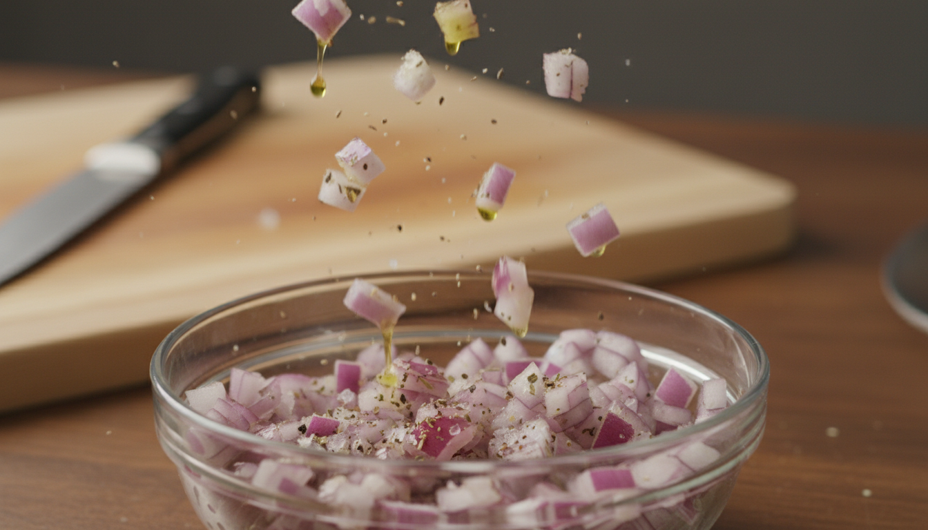 Red onion squares tossed in olive oil in a small bowl