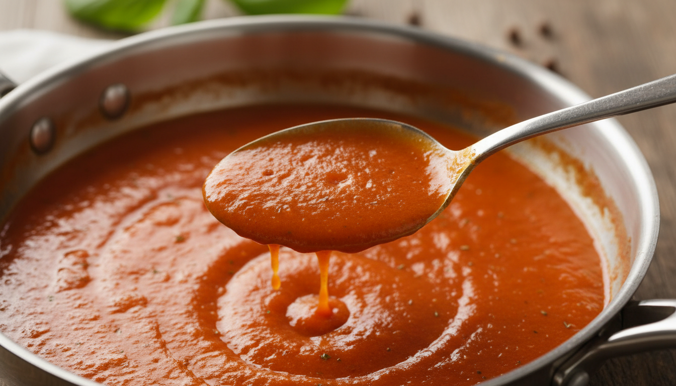Thickened creamy tomato sauce coating a spoon