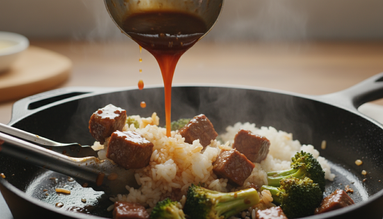 Stirring rice and teriyaki sauce into the skillet