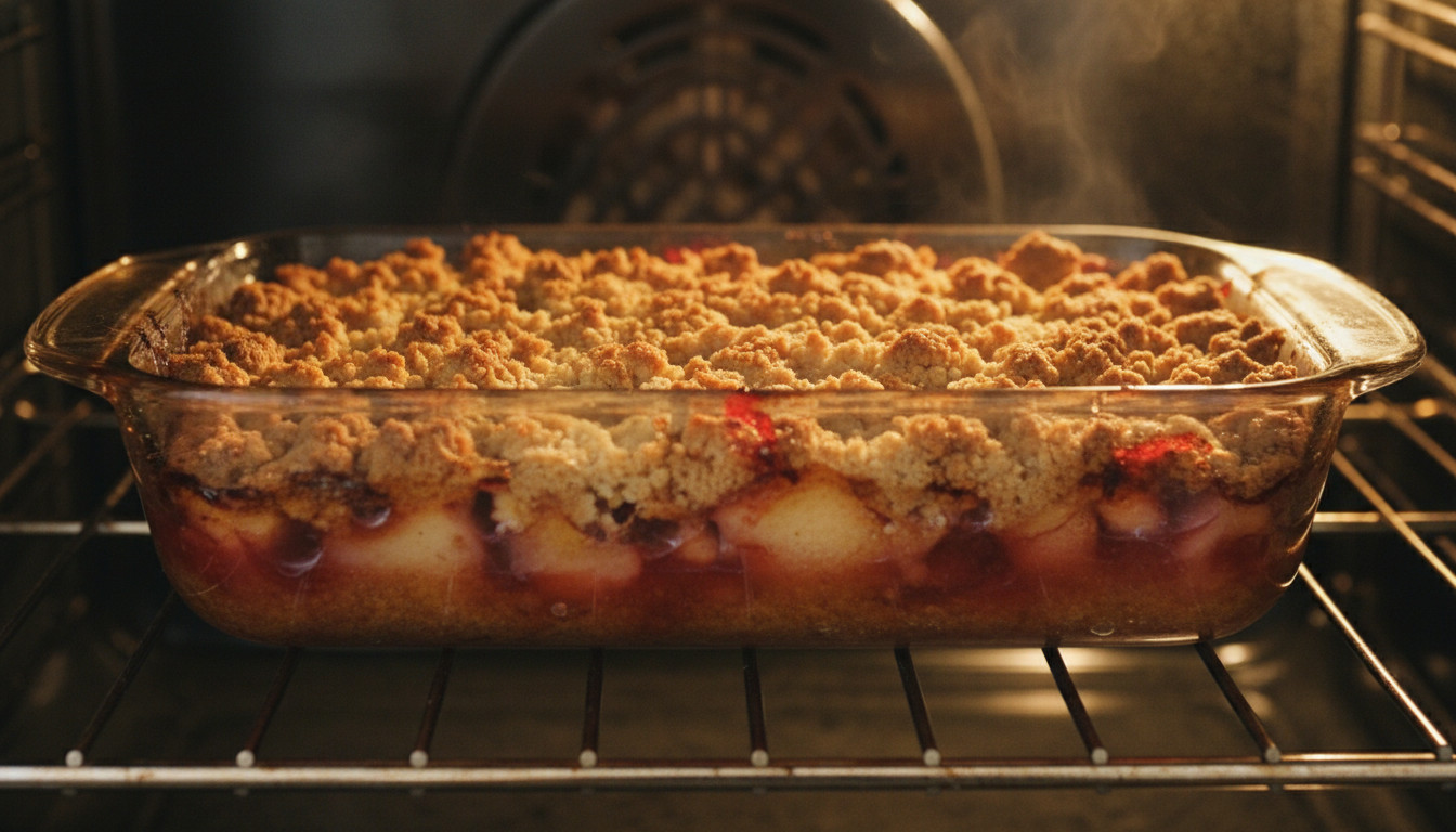 Apple crumble baking in the oven until golden brown
