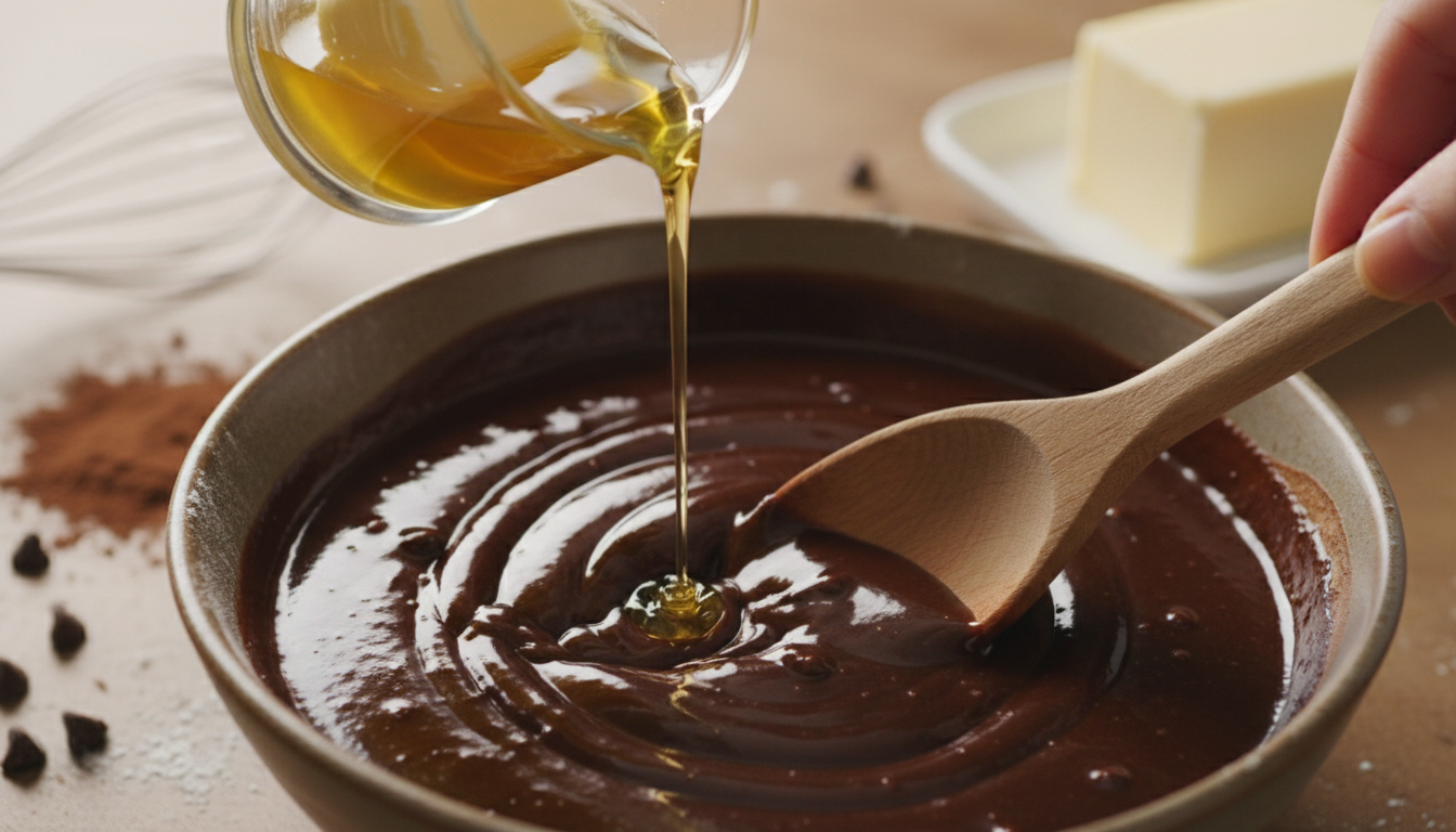 Pouring melted butter into batter