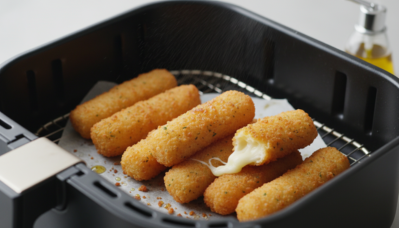 Cooked mozzarella sticks in an air fryer basket