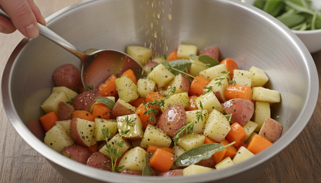 Root vegetables tossed with herbs and oil in a large mixing bowl