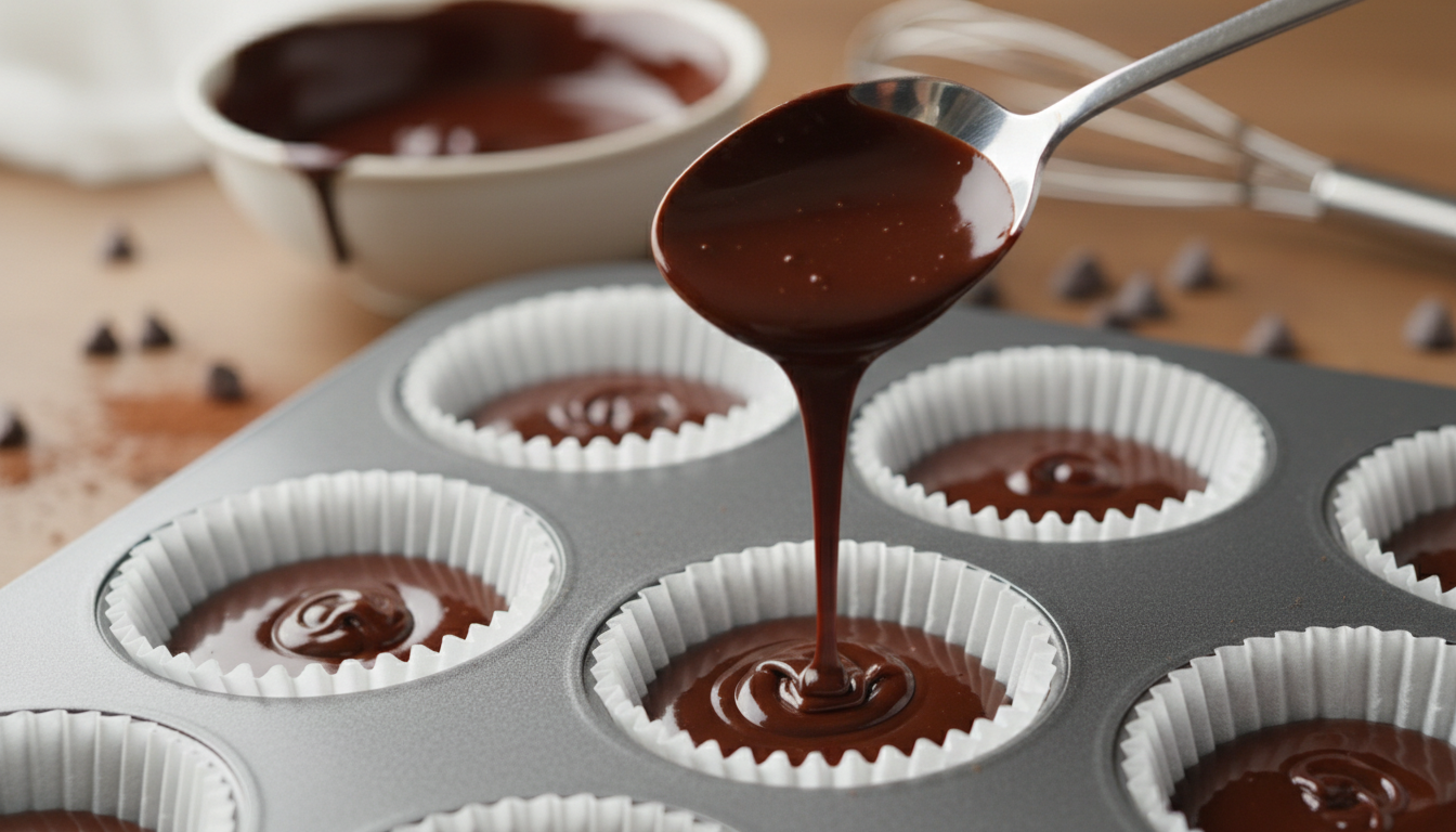 Pouring chocolate base into muffin cups