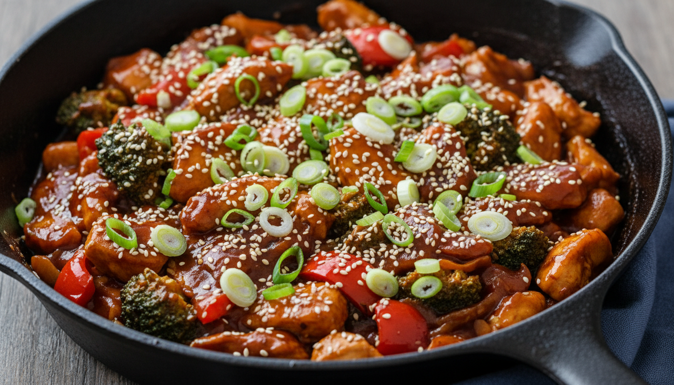 Garnished Teriyaki Ground Beef Skillet ready to serve