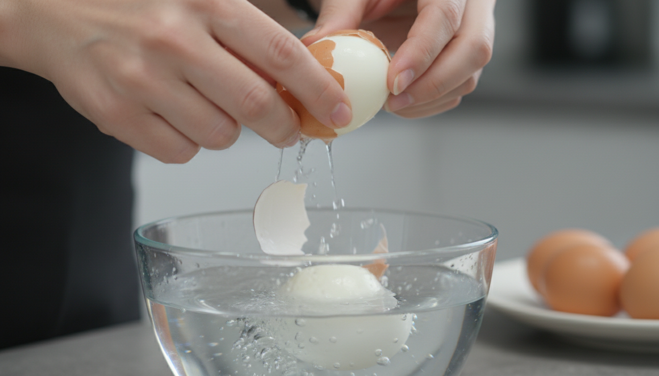Peeling boiled eggs under water