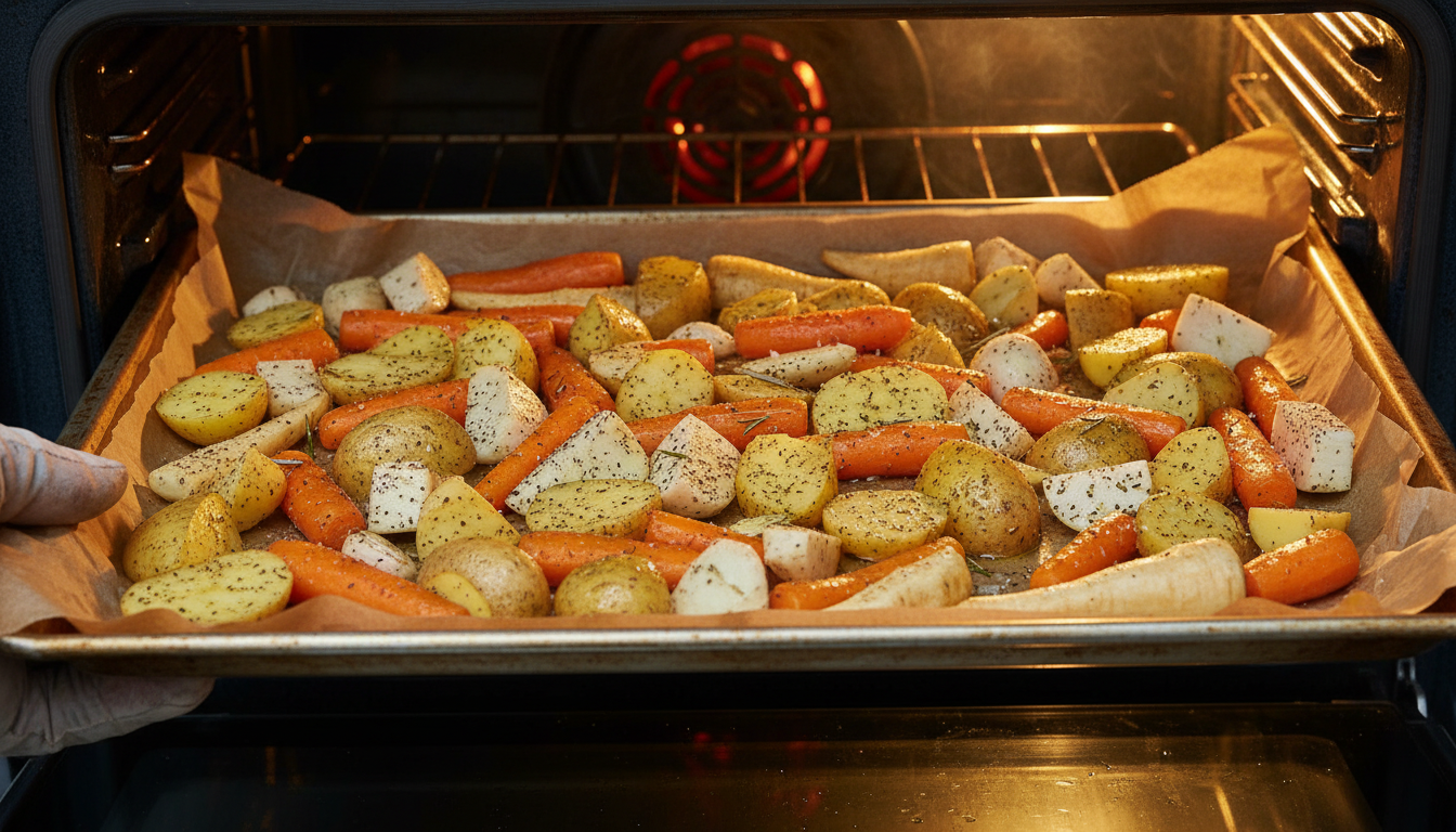 Raw root vegetables spread on a baking sheet ready for the oven