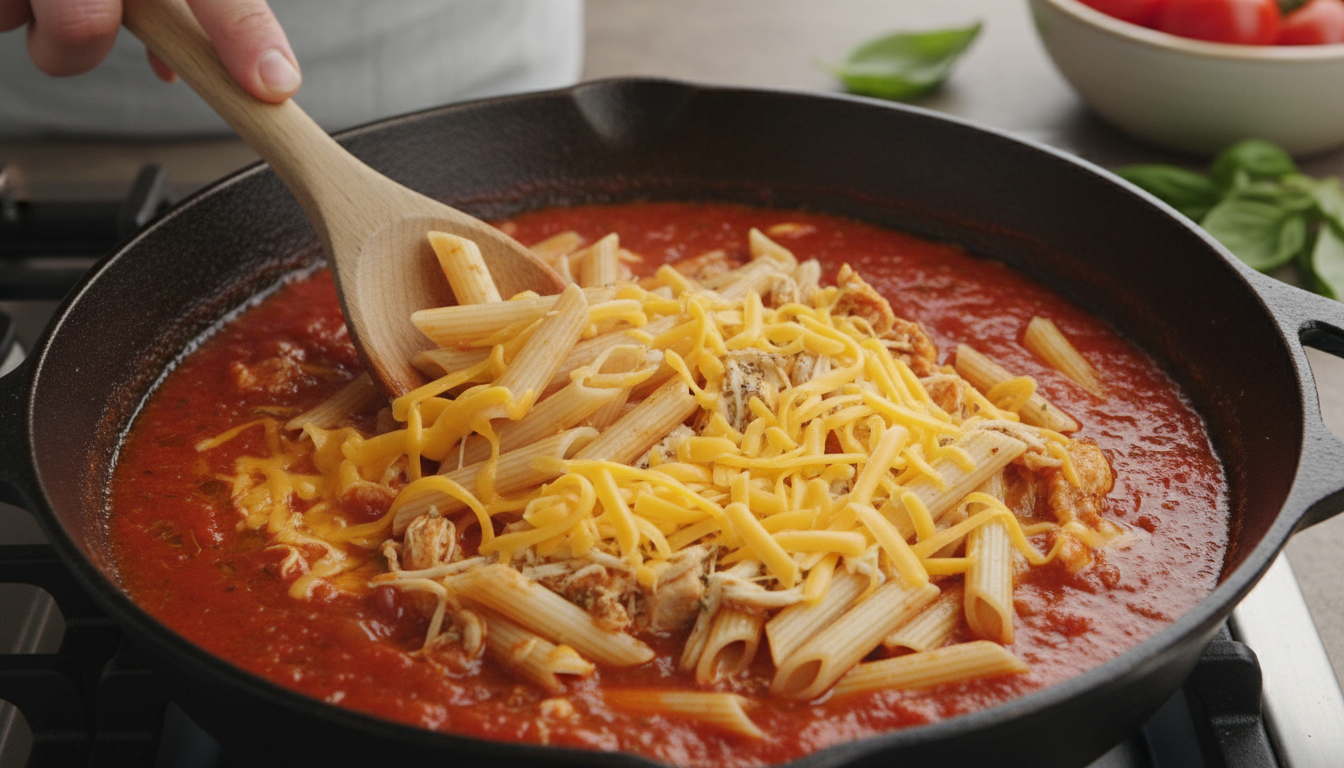 Adding pasta and chicken to the sauce