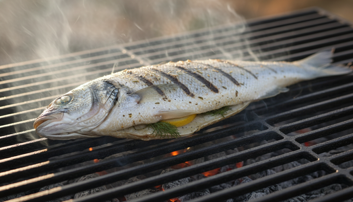 Whole fish cooking on a grill